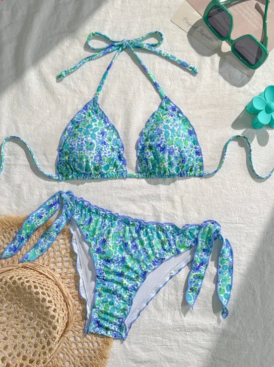 Cute Orange Floral Print Bikini Set Women Halter Ruffles Push Up Tie Side Thong Swimsuit 2026 Summer Bathing Suit Micro Swimwear