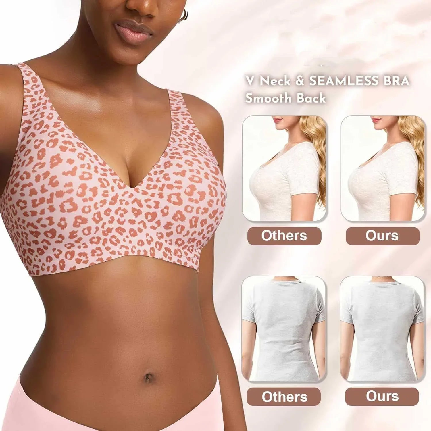 Women's Seamless Pink Leopard Print Bra Wire-Free Bra Full Cup Soft Thin Mold Support Breathable and Beauty Deep V Plus Up Bra