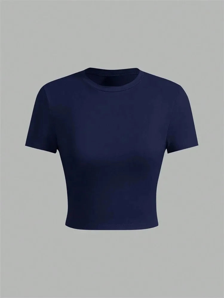 Solid Color Basic Cropped Tshirts for Women Casual Round Neck Short Sleeve Crop Top Summer Slim Fit Tee Shirt Streetwear