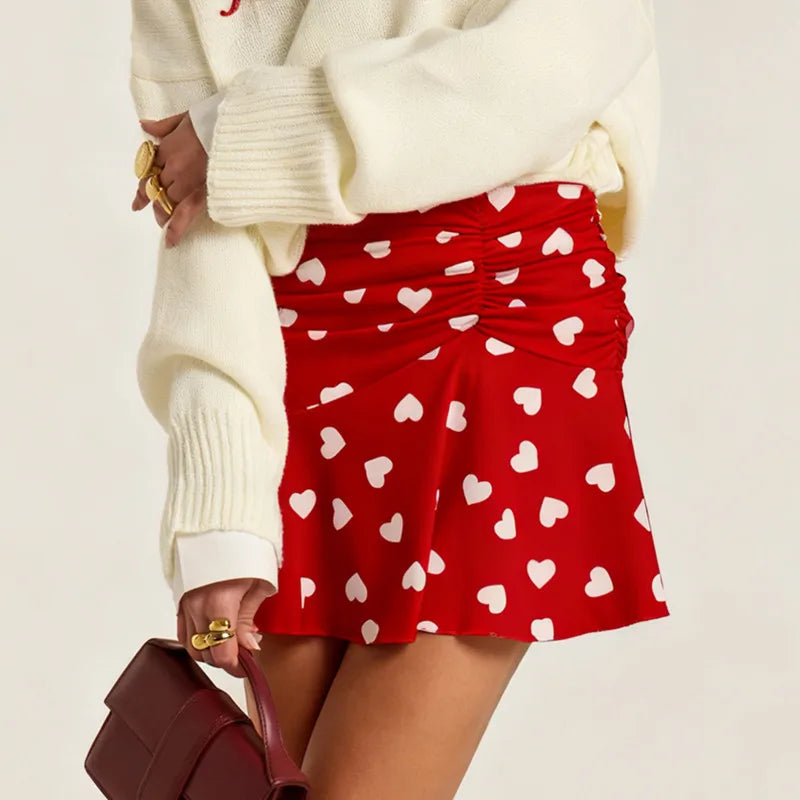 Women Heart Print Ruched Skirt Fashion Streetwear Casual Mini Skirt Valentine'S Day Mini Skirts High Waist Skirts Streetwear