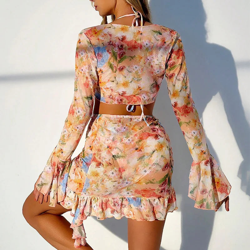 4 Piece Bikini Set Women Orange Floral Print Long Sleeve Mesh Cover Up Ruffle Skirt Swimsuit 2024 Sexy Bathing Suit Swimwear