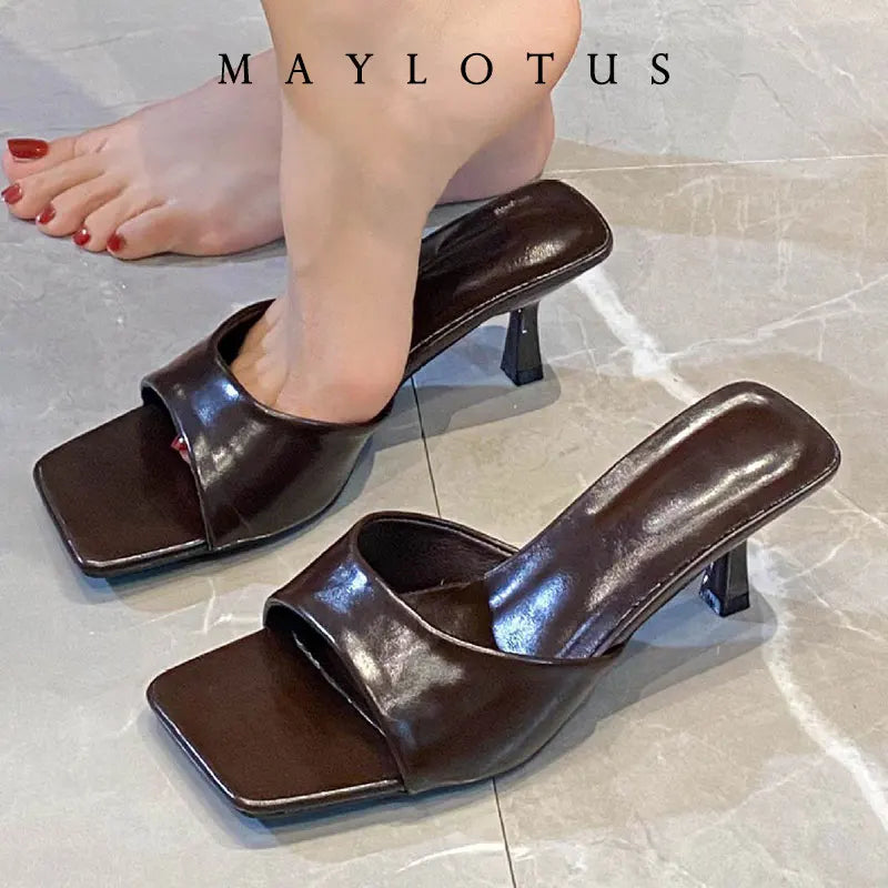 Size 34-43 Women Heeled Mules Sandals Soft Genuine Leather 6cm Heels Summer Shoes For Women Slippers Vintage Square Toe Mule