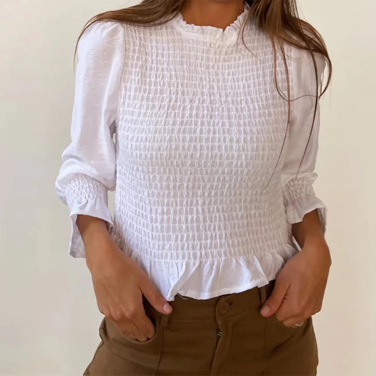 Women Fashionable Casual Round Neck Smocked Bubble 3/4 Sleeve Tops Summer Fall Plaid Print Ruffled T-shirts