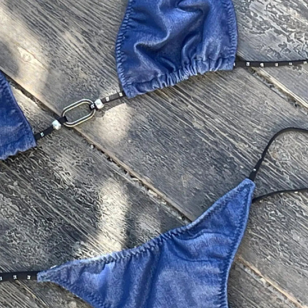 Sexy Triangle Bikini 2025 Women Blue Metal Chain Push Up Micro Swimsuit Summer Bathing Suit Tie Side Thong Swimwear Biquini