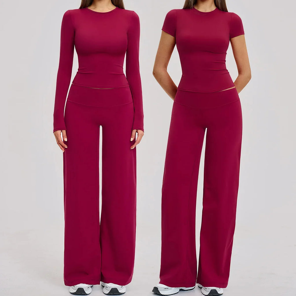 Yoga Set 2 Pieces Women Fitness Sportswear Gym Loose wide-leg pants Long-sleeved T-shirt Sports Crop Tops Tracksuit Workout Wear