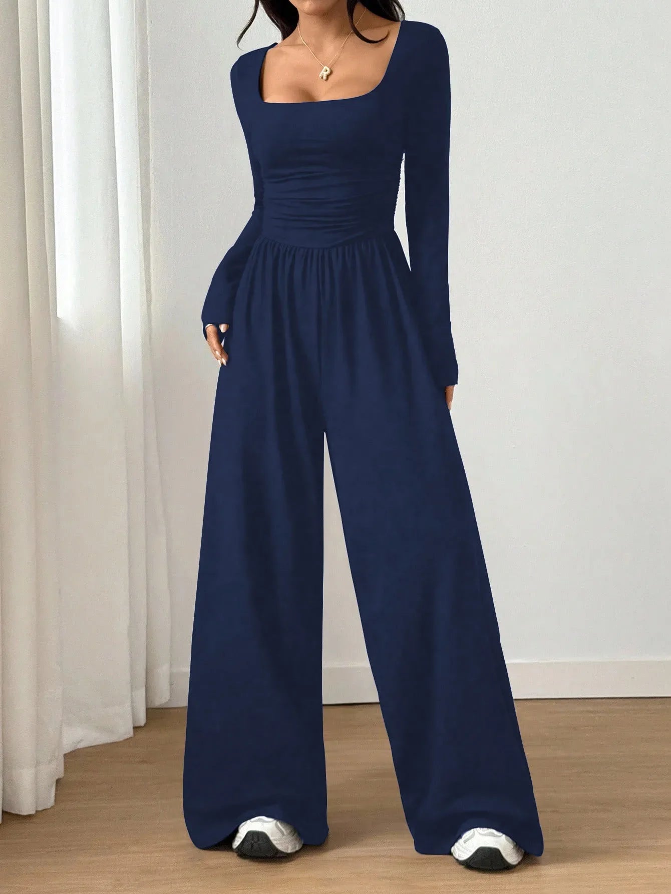 Women's Casual Solid Color Square Neck Long Sleeve A-Line Jumpsuit Pleating Wide Leg Loose Mopping Jumpsuit Spring/Fall 2026