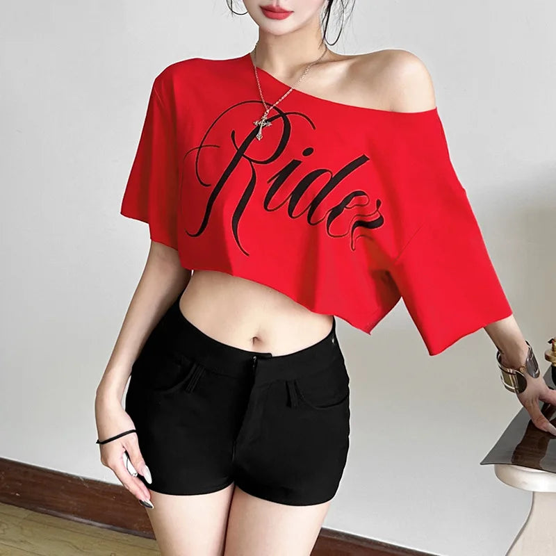 Letter Print Oversized Tees Women Skew Collar Off Shoulders Short Sleeves T-shirt Irregular Hem Hip-hop Style Trend Crop Tops