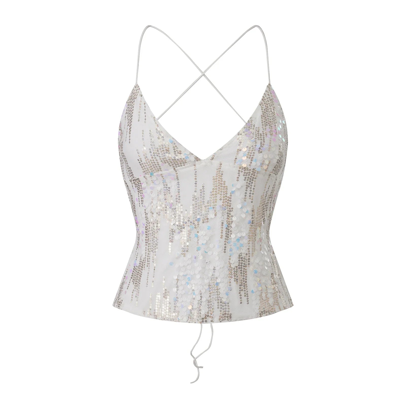Women's Summer Deep V Neck Sequin Tank Tops Summer Fashionable Backless Sleeveless Spaghetti Strap Slim Fit Camisole