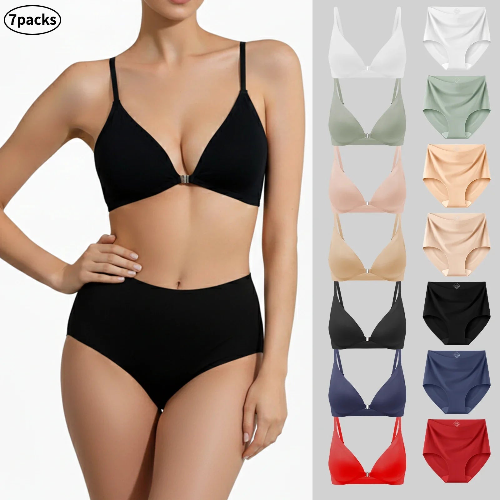 7pcs Bra and Panty Set Women's Lingerie Seamless Push-Up Wireless Bras with Removable Padding Basic Everyday T-Shirt Lingerie