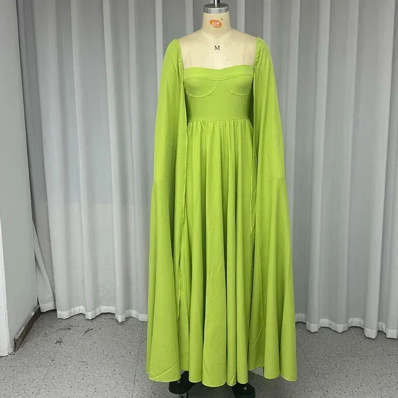Wefads Maxi Dress Women Elegant Fashion Solid Cape Long Sleeve Square Neck Nipped Waist Backless Evening Party Dress Streetwear