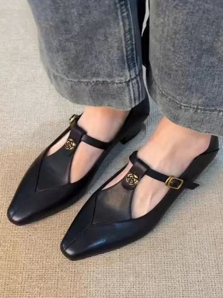 Women's Rose Decor T-Strap Loafers, Vintage Elegant Soft Leather Low Heel Comfort Shoes for Spring Office, Commute & Dating