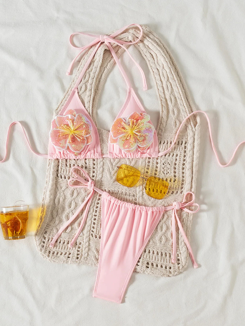 Sexy Pink 3D Floral Bikini Set 2025 Women Halter Push Up Bra Lace Up Swimsuit Beach Bathing Suit Tie Side Thong Swimwear Biquini