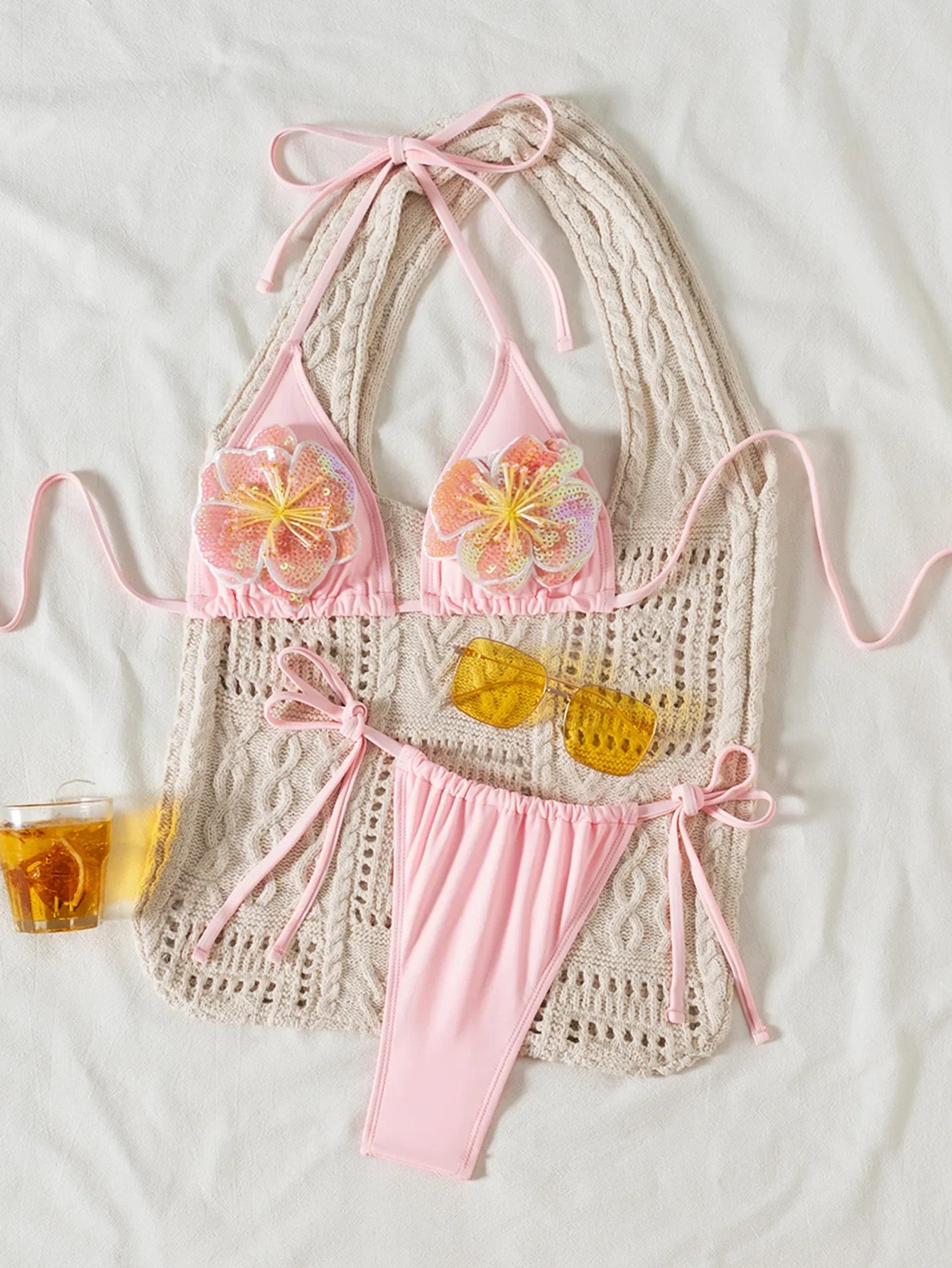 Sexy Pink 3D Floral Bikini Set 2025 Women Halter Push Up Bra Lace Up Swimsuit Beach Bathing Suit Tie Side Thong Swimwear Biquini