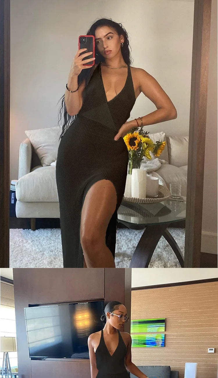 2023 New Crochet Beach Maxi Dress for Women See Through Sexy Bikini Plunge Backless Bandage Sleeveless Lacing Split Long Dresses