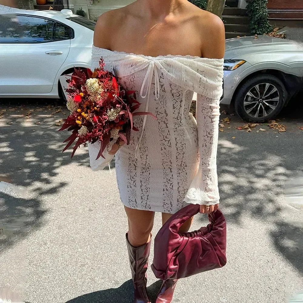 Oligai Lace Slim Mini Dress for Women Off The Shoulder Sexy Long Sleeves Club Party Dresses Bodycon Elegant Autumn Dress