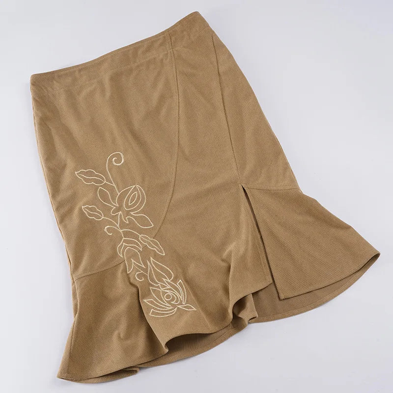 Trendix Women's Vintage Midi Skirt 2026 Summer High Waist Slim Ruffle Fishtail Skirts Party Side Slit Elegant Embroidery Skirt