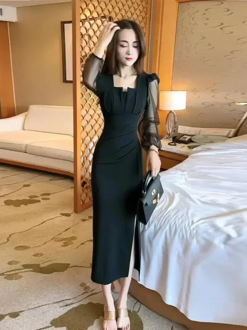 Gentle Temperament Slim Fit Dress with Women's Sleeves Square Neckline Pleated Solid Color Slimming Effect Medium Length Skirt