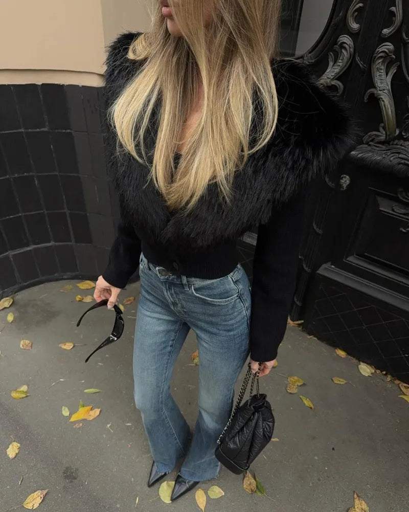 Trendix Black Knit Cardigan For Women Winter Detachable Faux Fur Collar Short Tops Street Slim Party Elegant Outerwear Top Femme