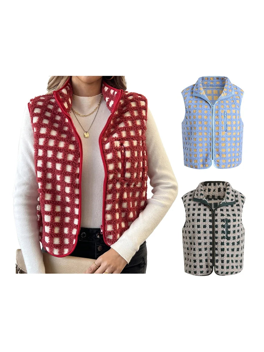 Women’s Fuzzy Checkered Vest Sleeveless Stand Collar Zip Up Vest Jacket Loose Spring Fall Warm Outwear