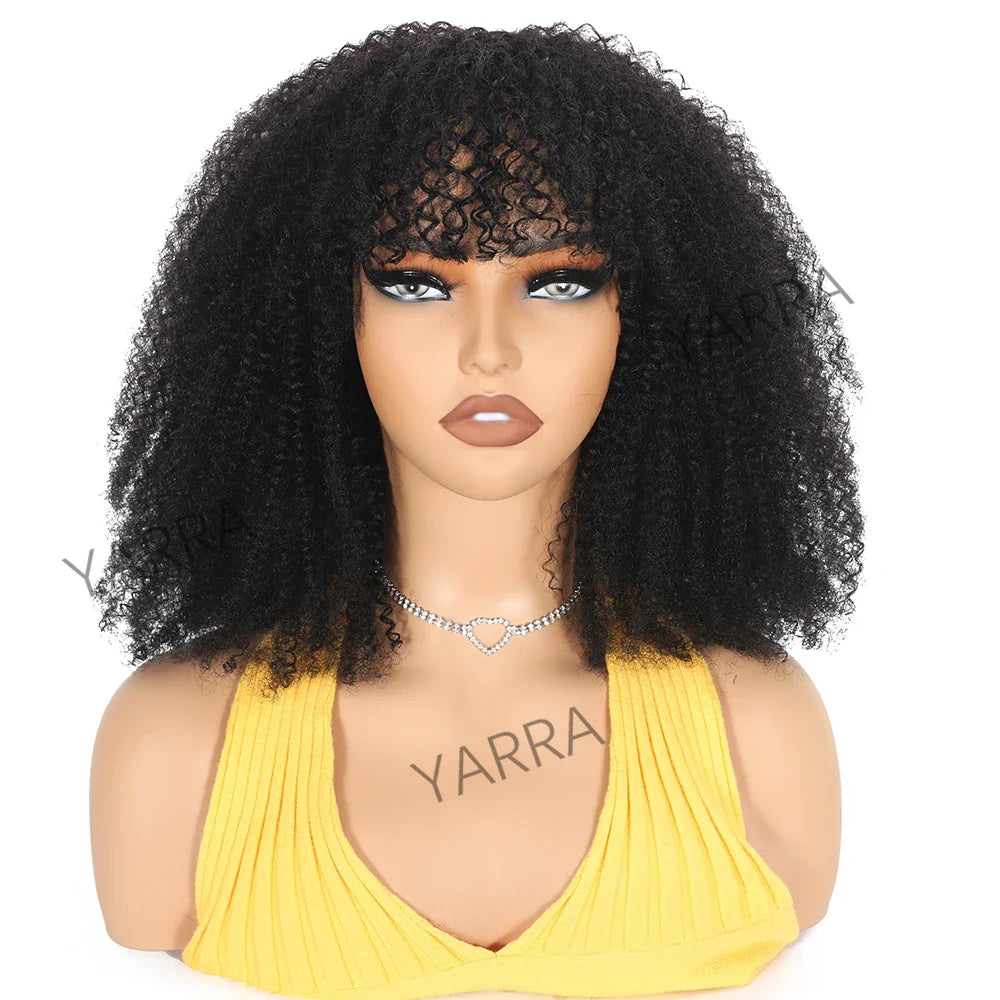 Afro Kinky Curly Human Hair Wig With Bangs For Black Women 180% Density Glueless Brazilian Remy Full Machine Made Hair Yarra