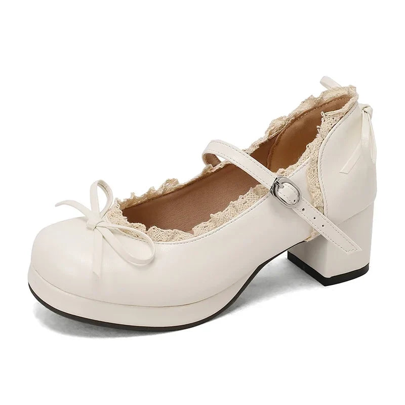 Women's Lolita Cosplay Mary Jane Pumps, Strap Platform Block Heel, Lace & Bow, Kawaii Vintage Dress Shoes Plus Size 31-50