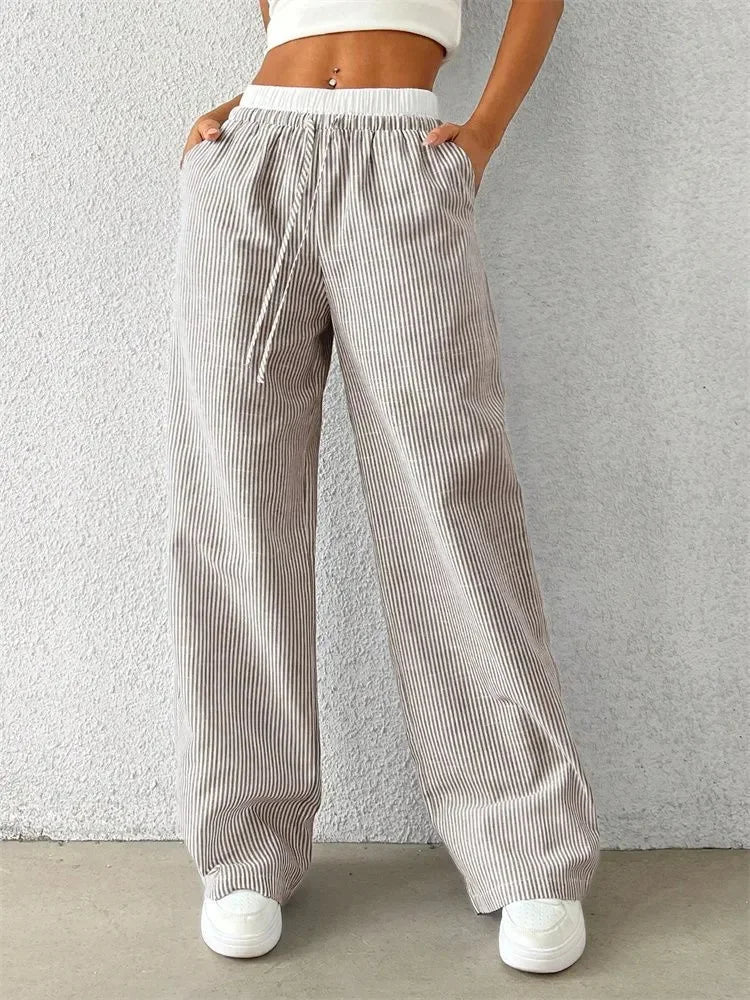 Women's Casual Striped Woven Wide Leg Pants Fall Winter 2024 Casual Stylish Full Length Trousers Y2K Clothes Streetwear