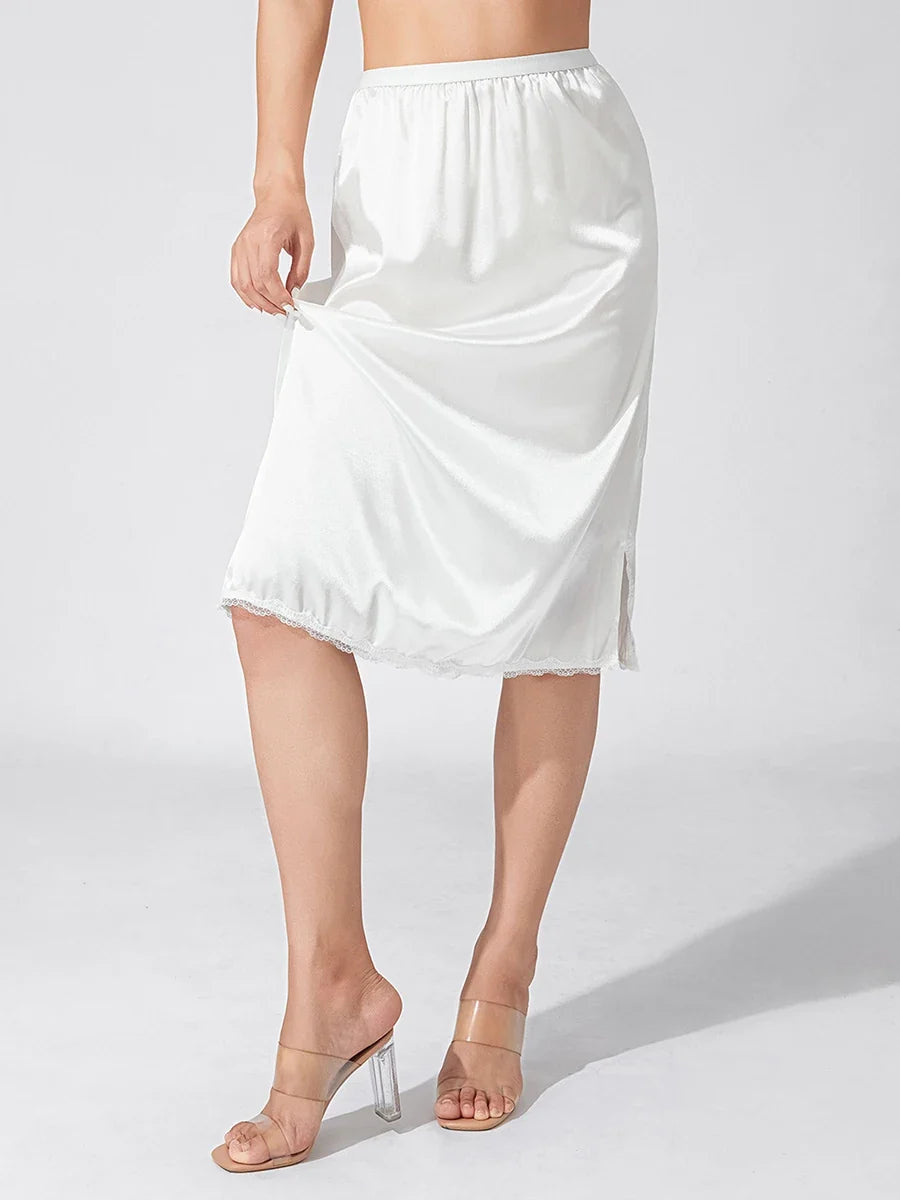 Women's Solid Color Skirts Elastic Waist Satin Underskirt Lace Trim Skirt for Under Dresses Black/White