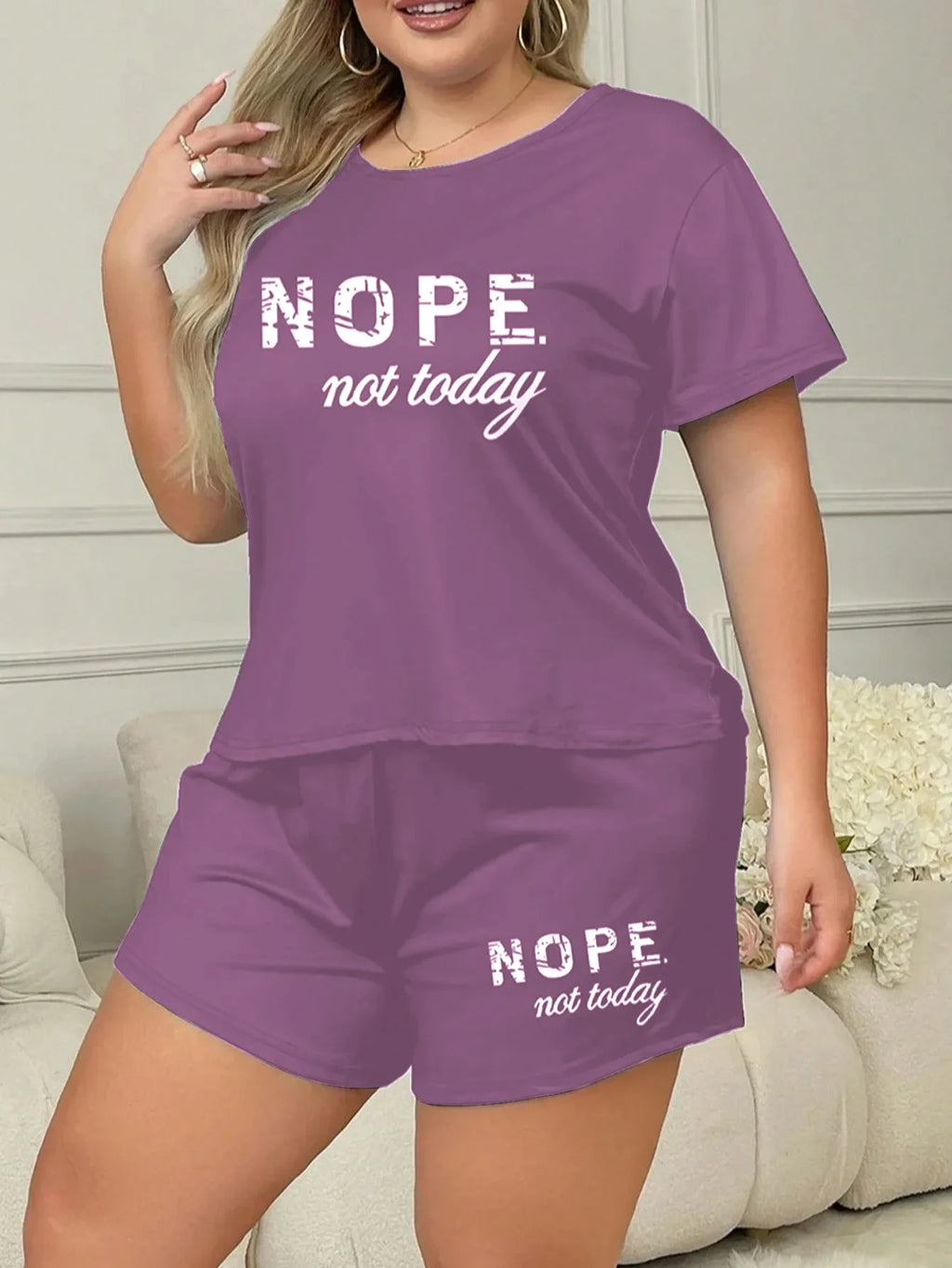 Letters Print Pajama Set Short Sleeve Tee And Elastic Shorts Plus Size Fit Women's Casual Attire Sports Wear Loungewear Homewear