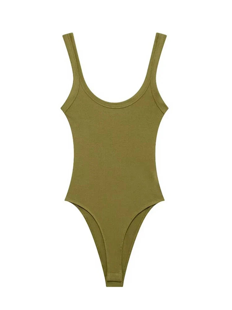 Women's Skinny Ribbed O-Neck Bodysuits with Straps Snap-Button Sexy Fashion Playsuits Comfortable Stretchy Female Clothing