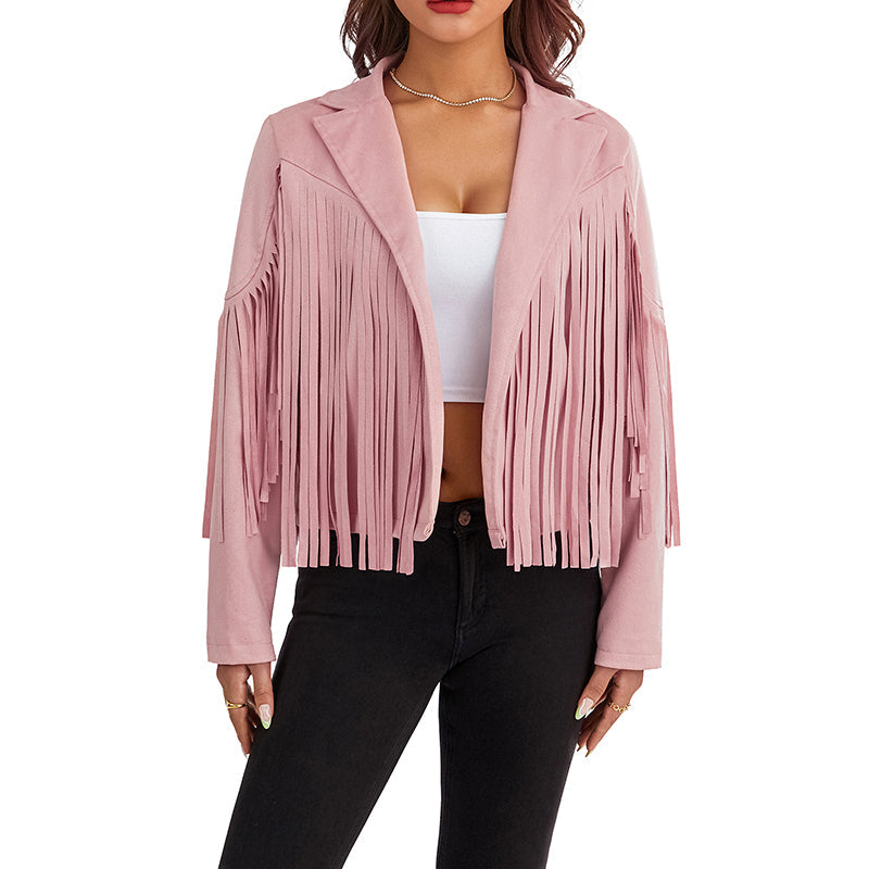 Women Spring Autumn Slim Long Sleeve Open Front Coat Solid Color Collared Jacket with Tassels Black/ Coffee/ Pink