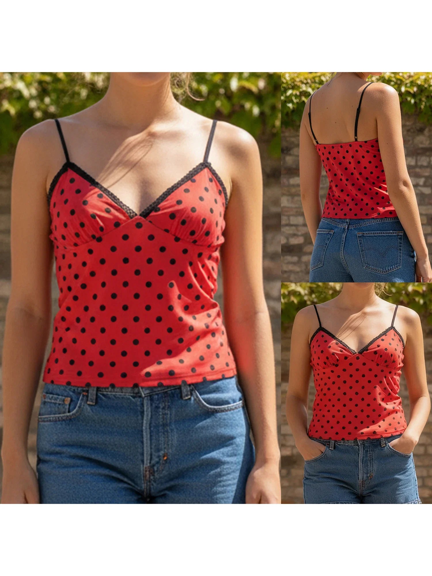 Summer Camisole Women Fashion Deep V Neck Sleeveless Spaghetti Strap Dot Print Lace Patchwork Bow Decor Vest