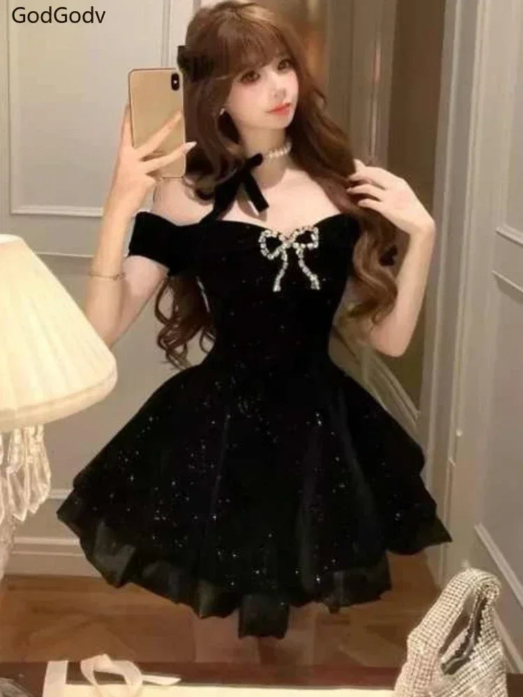 Black French Vintage Elegant Design Woman Dress Gothic Off Shoulder Retro Mini Dress Female Fairy Birthday Party Chic Outfits