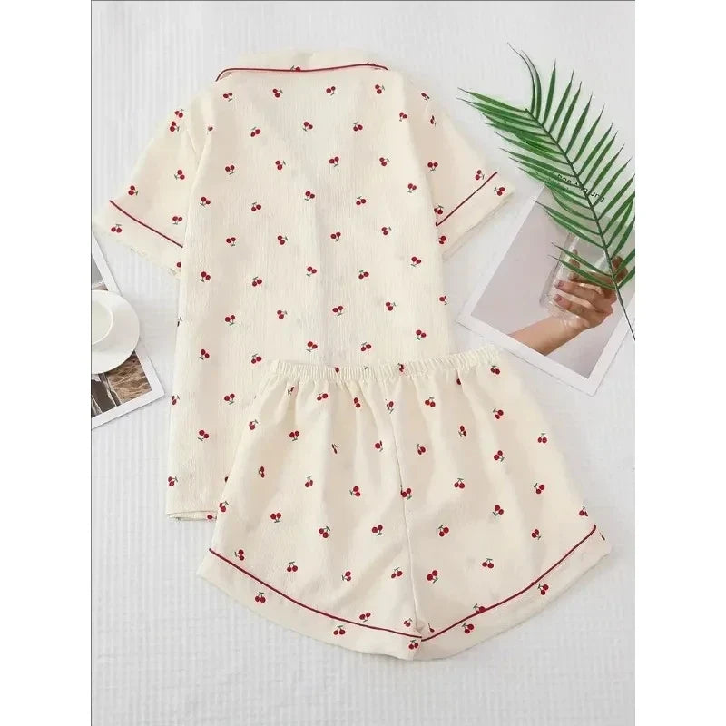 Cherry Print Textured Pajama Set Cute Short Sleeve Buttons Lapel Top & Elastic Shorts Women's Sleepwear
