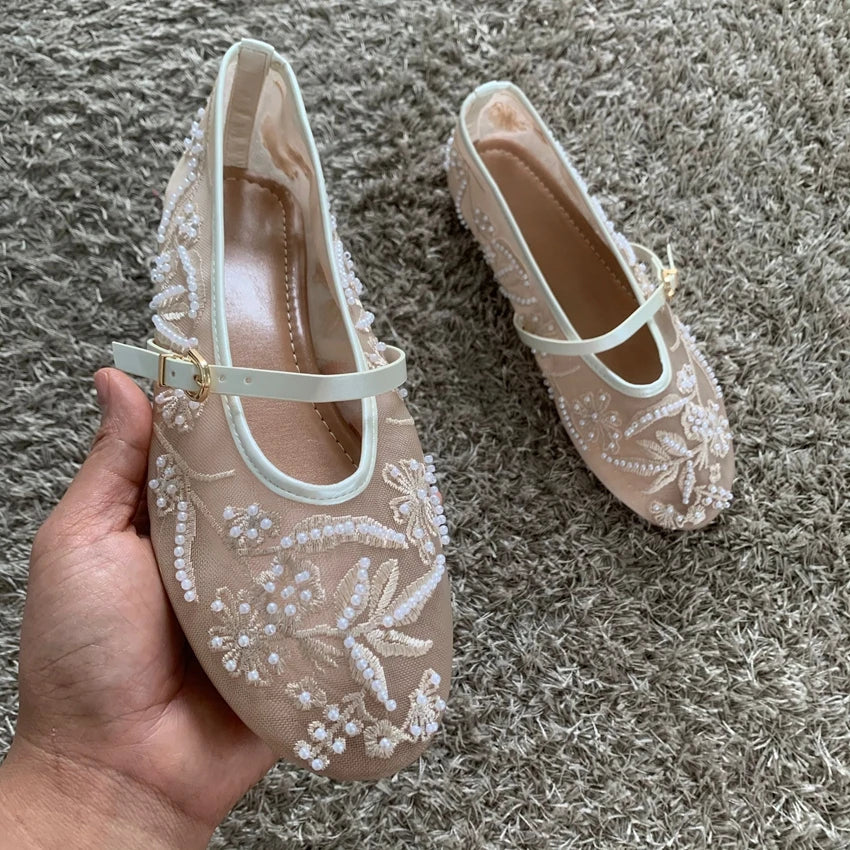 Mesh Embroidery String Bead Design Women Ballet Flats Fashion Buckle Breathable Mary Jane Shoe Comfort Low Heel Soft Flat Sandal