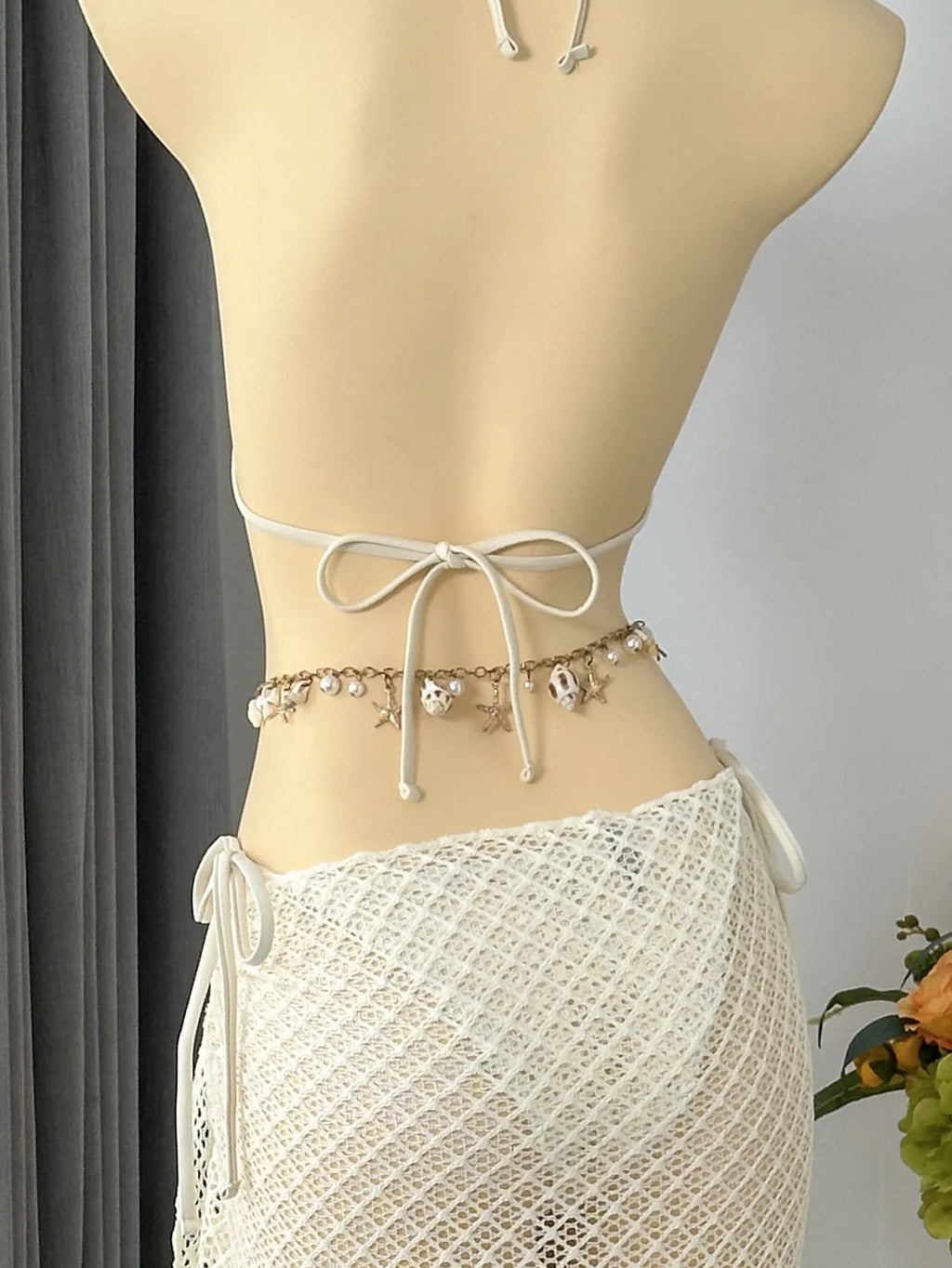 Vintage Beige Black Mesh Skirt 3 Piece Bikini Set 2026 Women Metal Chain Strap Push Up Bra Swimsuit Beach Bathing Suit Swimwear