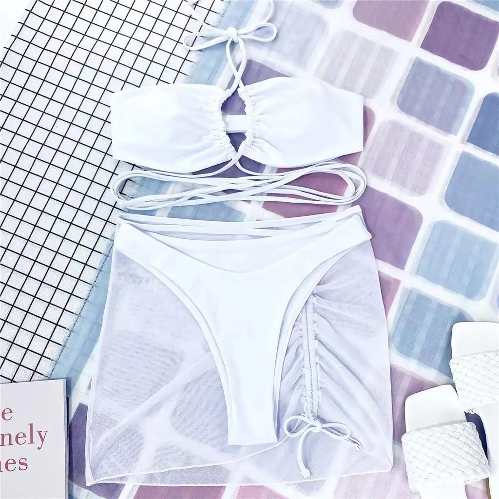 2023 New 3 Pieces Set Swimsuit Women High Waist Swimwear Sexy Lace Up Micro Bikini Set With Skirt Solid Beachwear Bathing Suit