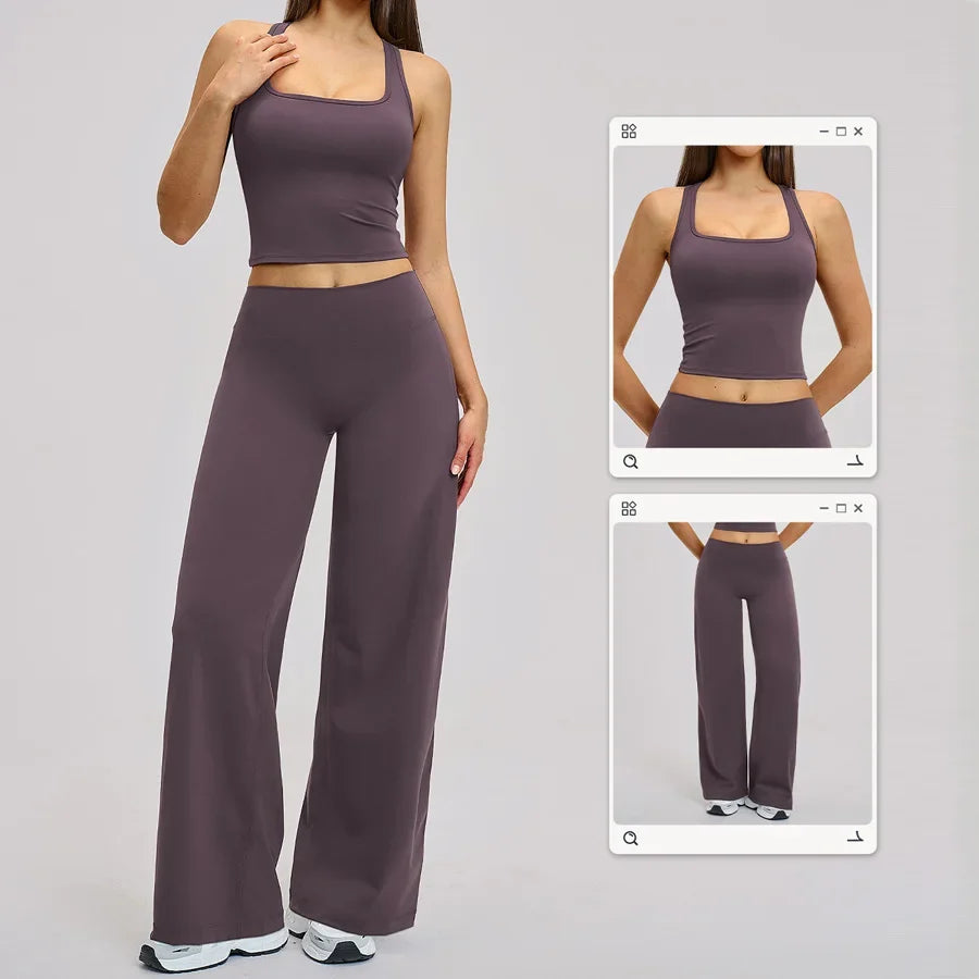 2 Piece Yoga Clothes Women Tracksuit Athletic Wear Pilates Fitness Suit Gym Workout Sets Push Up Sports Vest Wide Leg Pant Suit