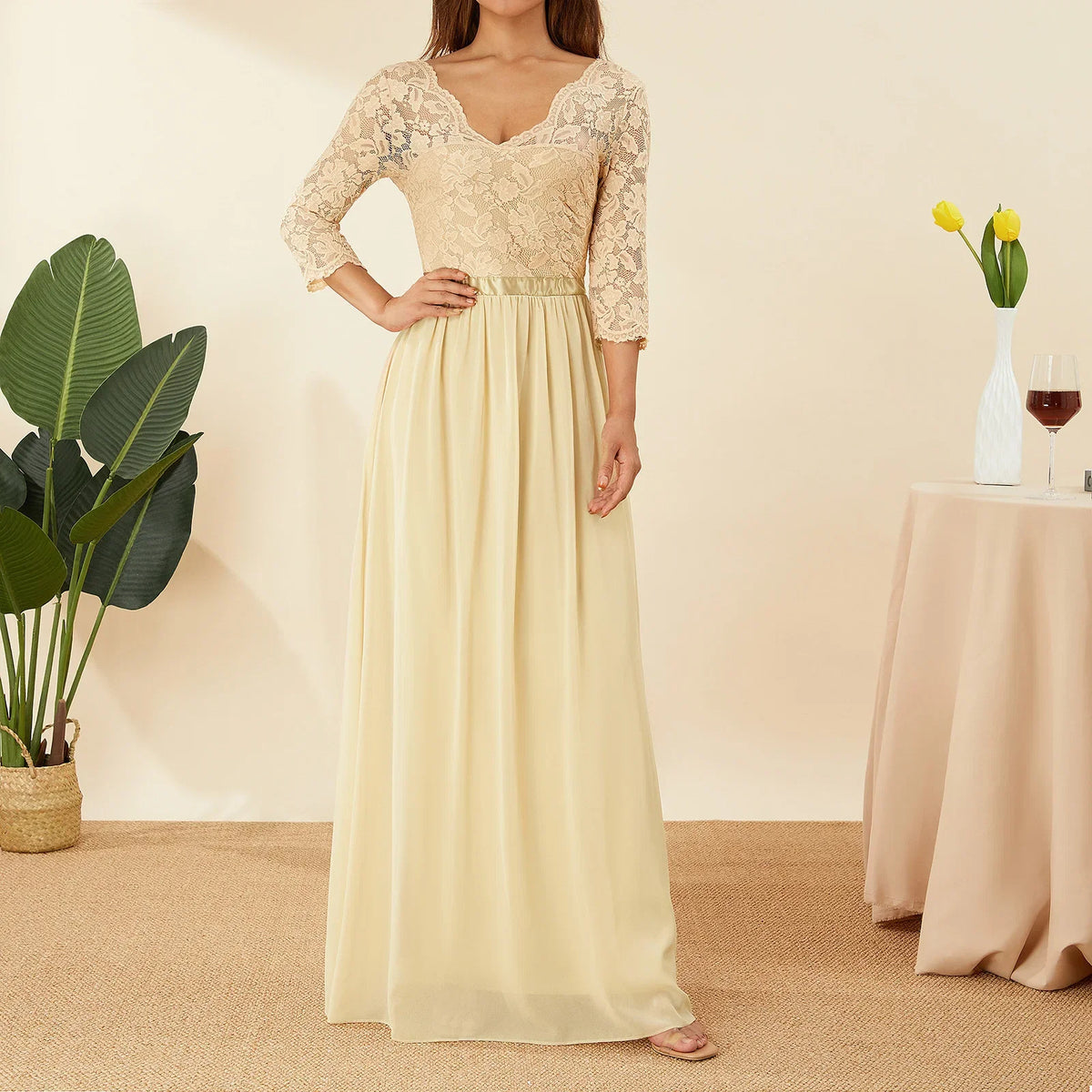 Elegant Lace Chiffon A-Line Long Dresses Women Wedding Dress Bridesmaid Dresses V-neck Mid-Sleeve Backless Zipper Female Dress