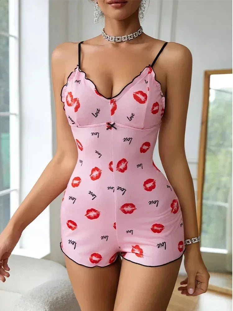Women's Pajamas One Piece Pajamas Red Lip Printed Sleeveless Pijama Short Onesie Adults V-Neck Suspenders Funny Pajamas Bodysuit