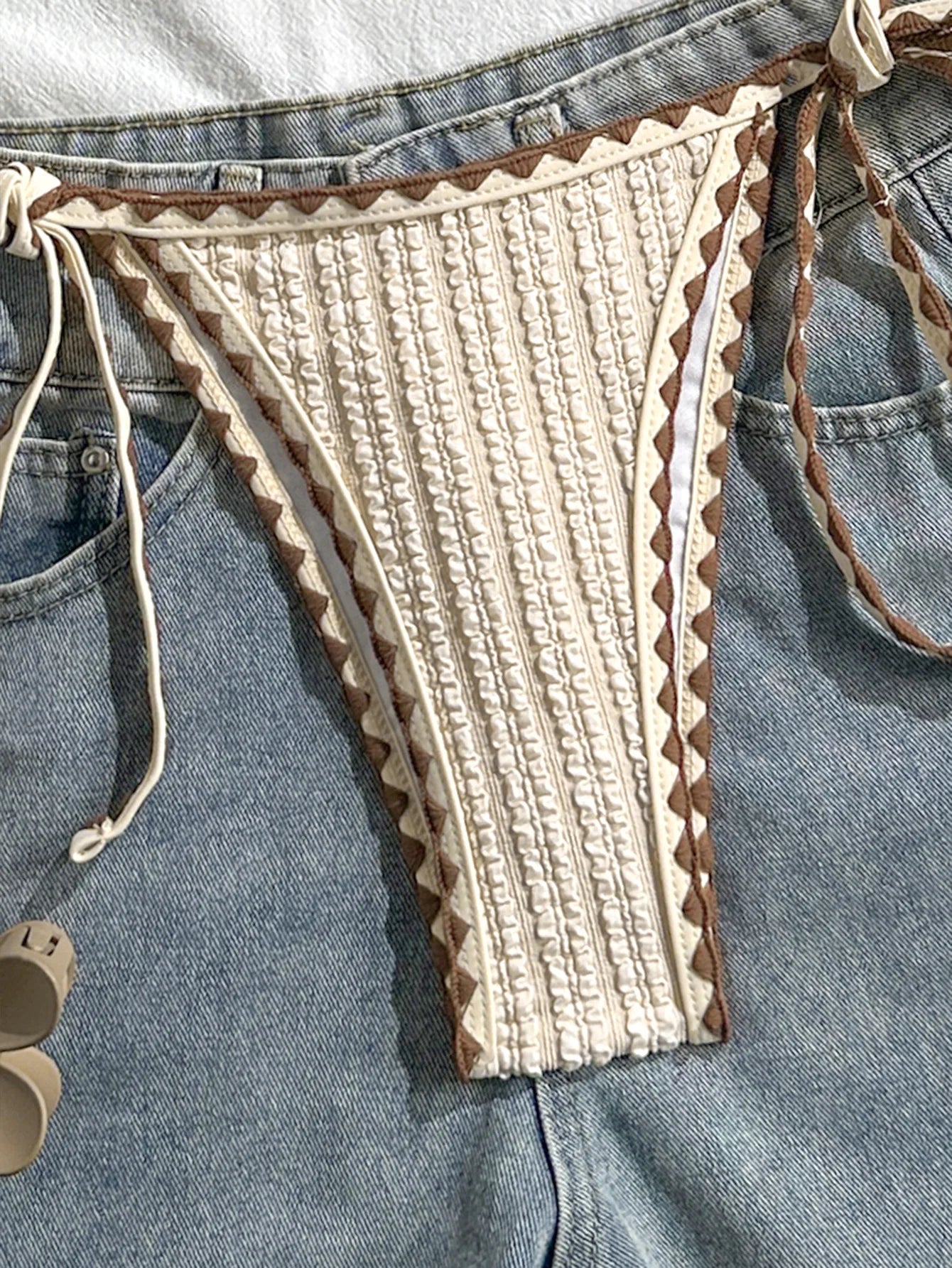 Sexy Triangle Bikini Set 2026 Women Beige Patchwork Pleate Push Up Bra Tie Side Thong Swimsuit Beach Bathing Suit Micro Swimwear