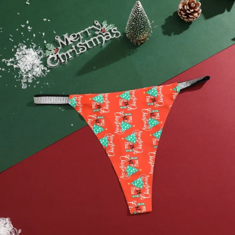 4Pcs Christmas Print Underwear Breathable Shiny Belt Thong Women Skin-friendly Fashionable Casual Christmas Gifts