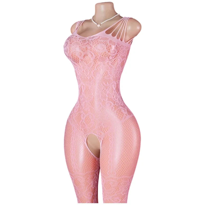 Pink Sexy Lingerie Mesh Bodystockings Teddy Crotchless Fishnet Hollow Open Bra Underwear Erotic Clothing Sexy Lace Bodysuit