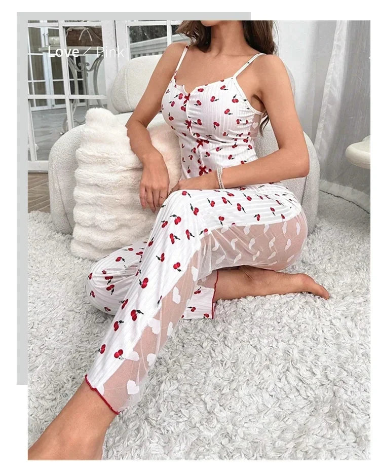 2-Piece Women's Sexy Transparent Mesh Lace Set with Ribbed Printed Strap Top and Pants Home Clothes Pajama Set
