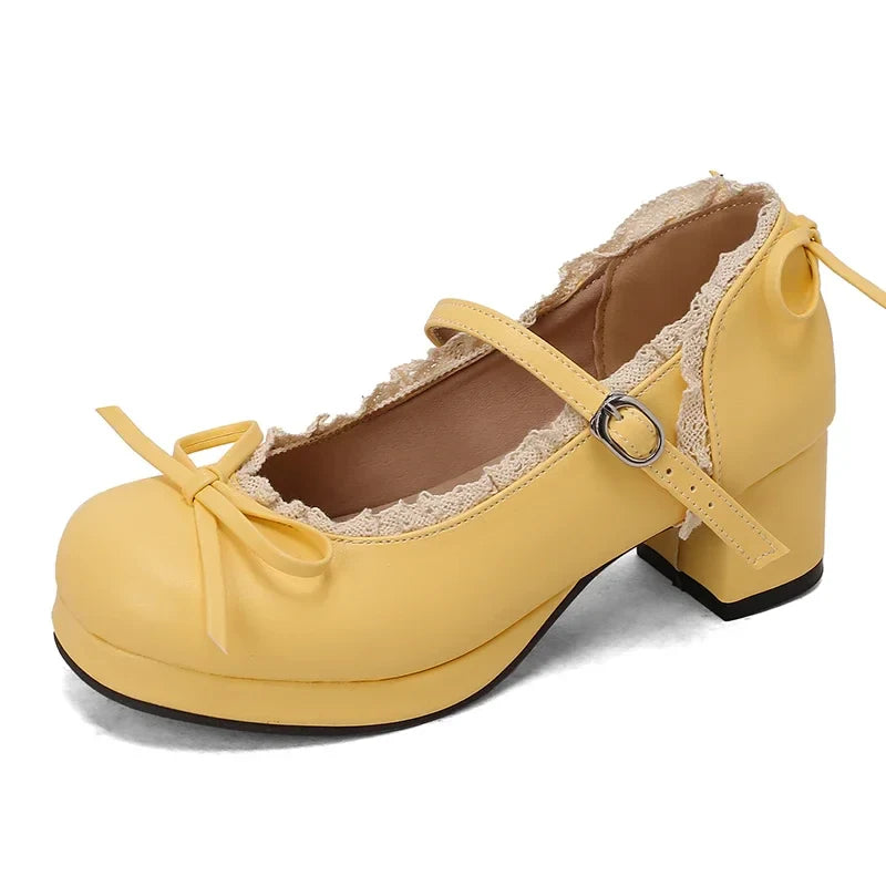Women's Lolita Cosplay Mary Jane Pumps, Strap Platform Block Heel, Lace & Bow, Kawaii Vintage Dress Shoes Plus Size 31-50