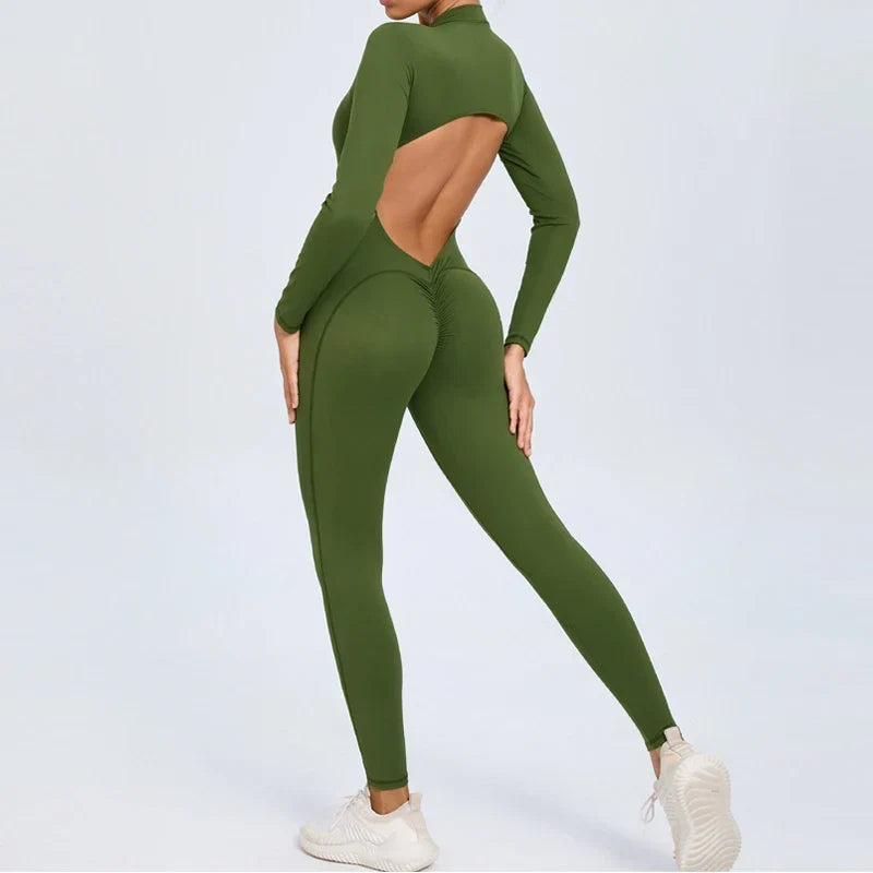 Hearuisavy Summer V Back Sports Jumpsuit Yoga Clothes Rompers Women Long Sleeveles Workout Bodysuits Backless One-piece Suit