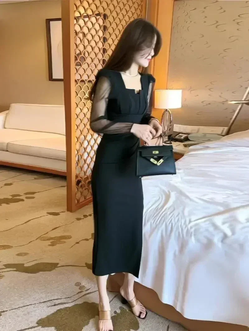 Gentle Temperament Slim Fit Dress with Women's Sleeves Square Neckline Pleated Solid Color Slimming Effect Medium Length Skirt