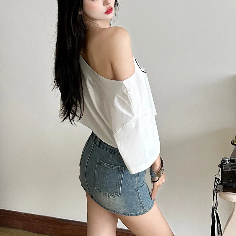 Letter Print Oversized Tees Women Skew Collar Off Shoulders Short Sleeves T-shirt Irregular Hem Hip-hop Style Trend Crop Tops
