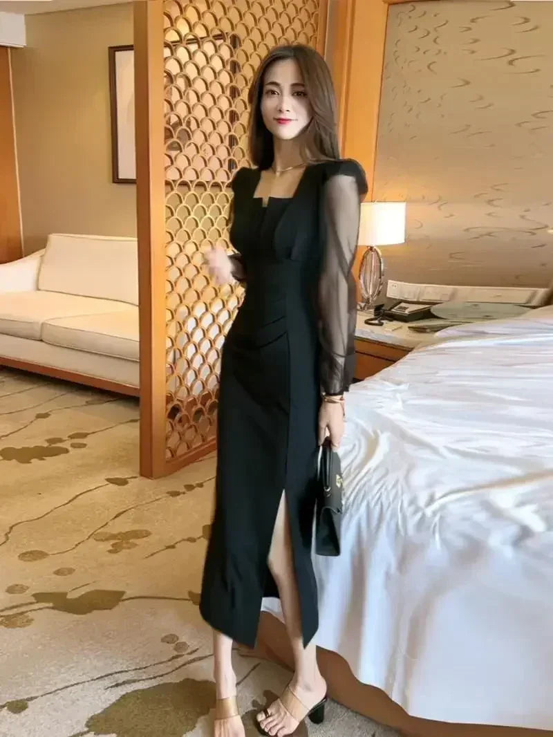 Gentle Temperament Slim Fit Dress with Women's Sleeves Square Neckline Pleated Solid Color Slimming Effect Medium Length Skirt