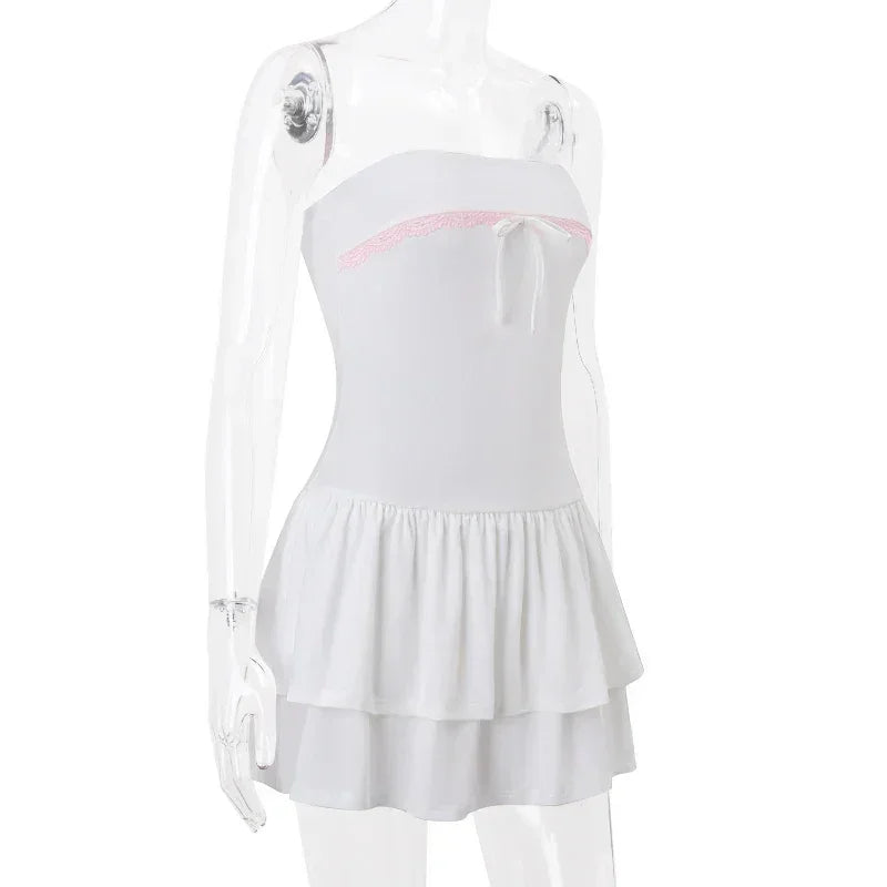 WhereMery Korean Sexy Mini Dress Y2K Sleeveless Bow Lace Playful Summer Tank Dresses Nightclub Party Playful Evening Dresses