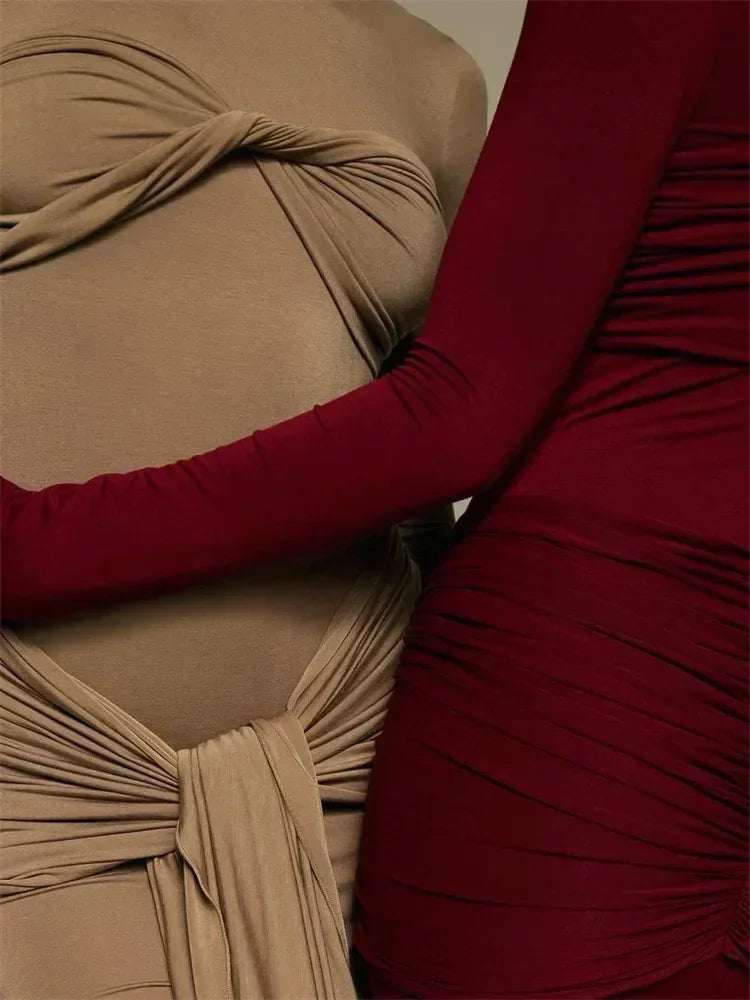 Tossy Female Pleated Sexy Maxi Dress Patchwork Twist Slim Long Sleeve Solid Y2k Autumn Streetwear Dress Women's Bodycon Dress